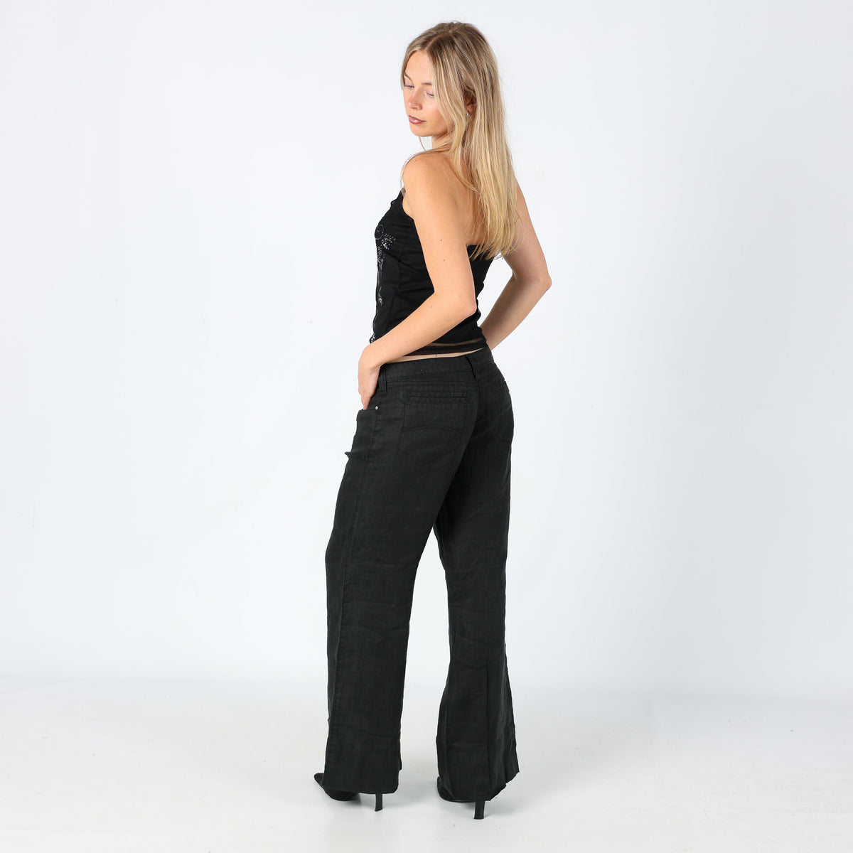 Black 90s Armani Jeans Woven Trousers Chic Designer Linen (M)