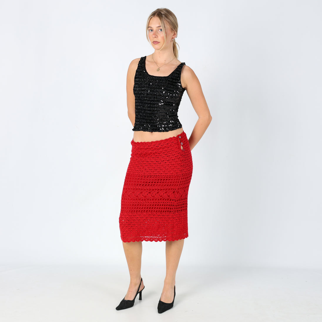 Red 90s Miss Sixty Woven Midi Skirt Unique Chic Cool-Girl (8)