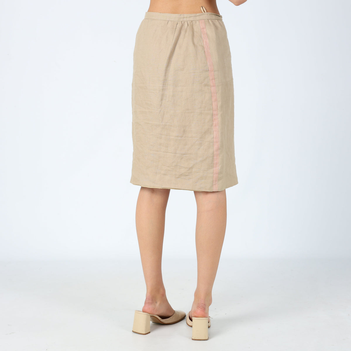 Tan 90s Valentino Woven Midi Skirt Linen Side Detail (8)