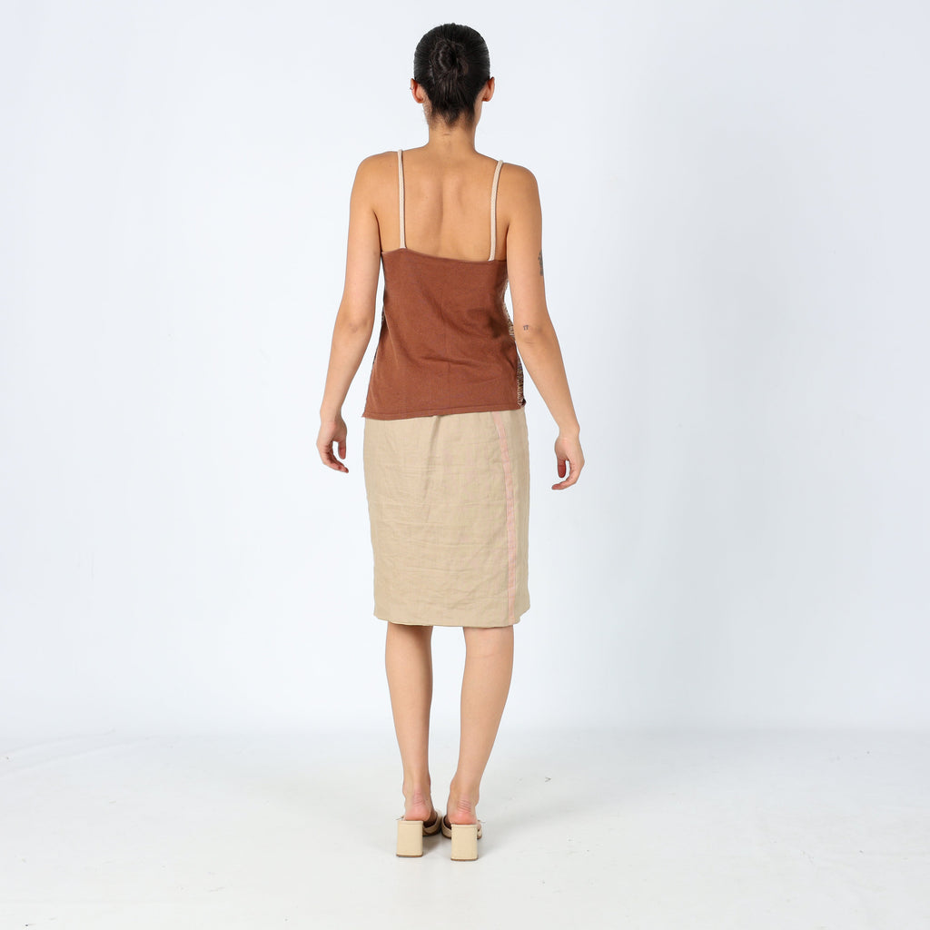 Tan 90s Valentino Woven Midi Skirt Linen Side Detail (8)