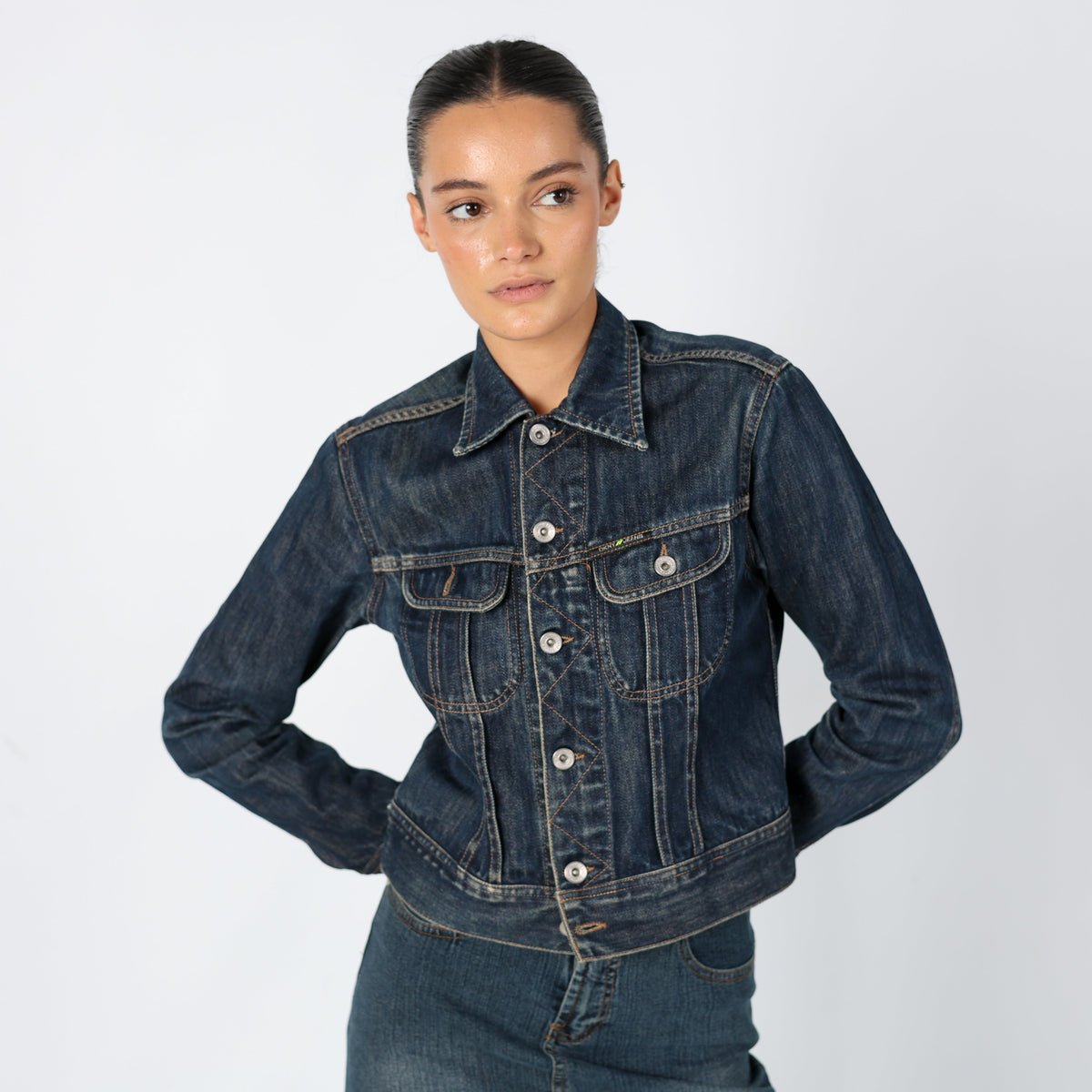 Navy Blue 90s DKNY Denim Jacket Super Cool Contrast Stitch (S)