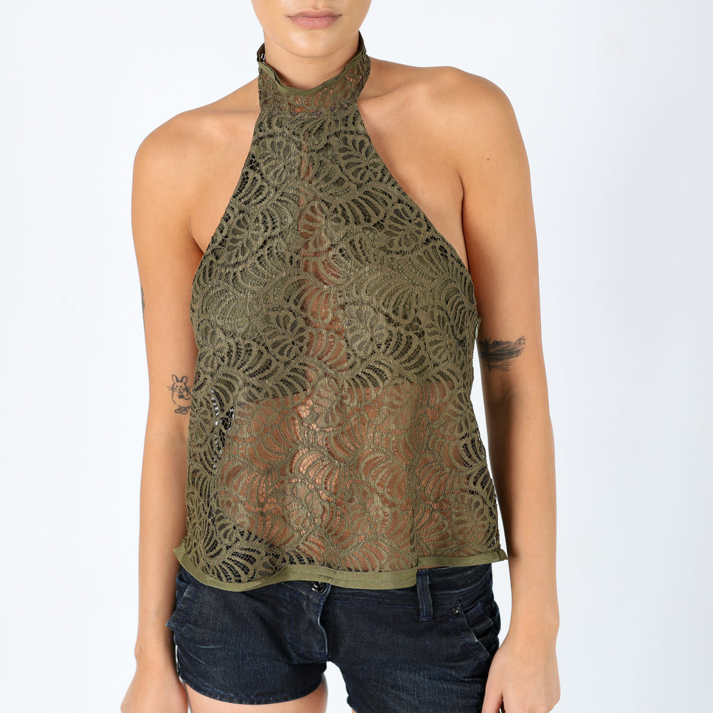 Khaki Green Y2K Agatha Cami Lace Halter Neck (10)