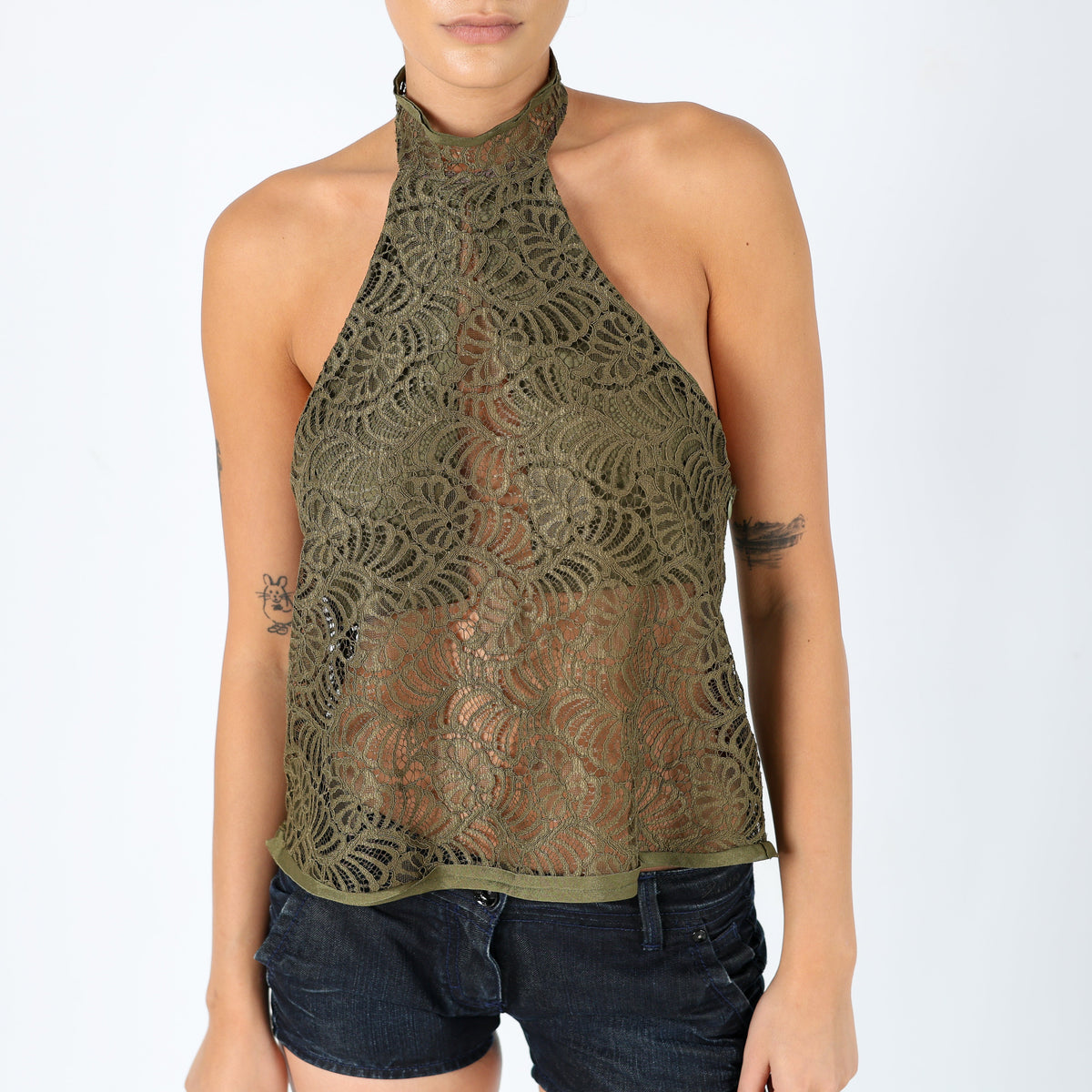 Khaki Green Y2K Agatha Cami Lace Halter Neck (10)