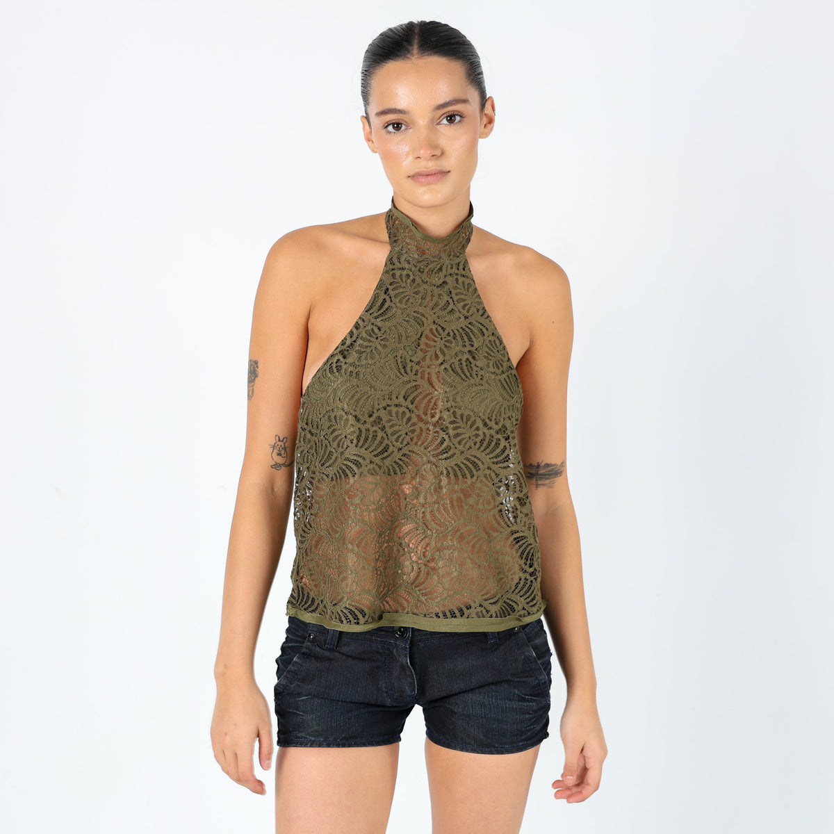 Khaki Green Y2K Agatha Cami Lace Halter Neck (10)
