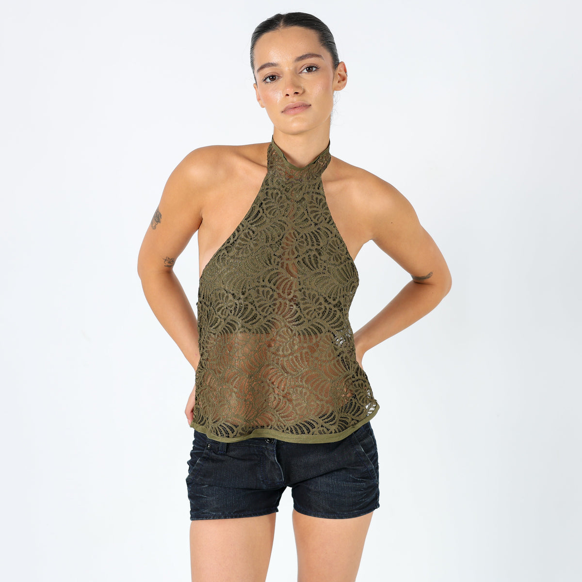 Khaki Green Y2K Agatha Cami Lace Halter Neck (10)