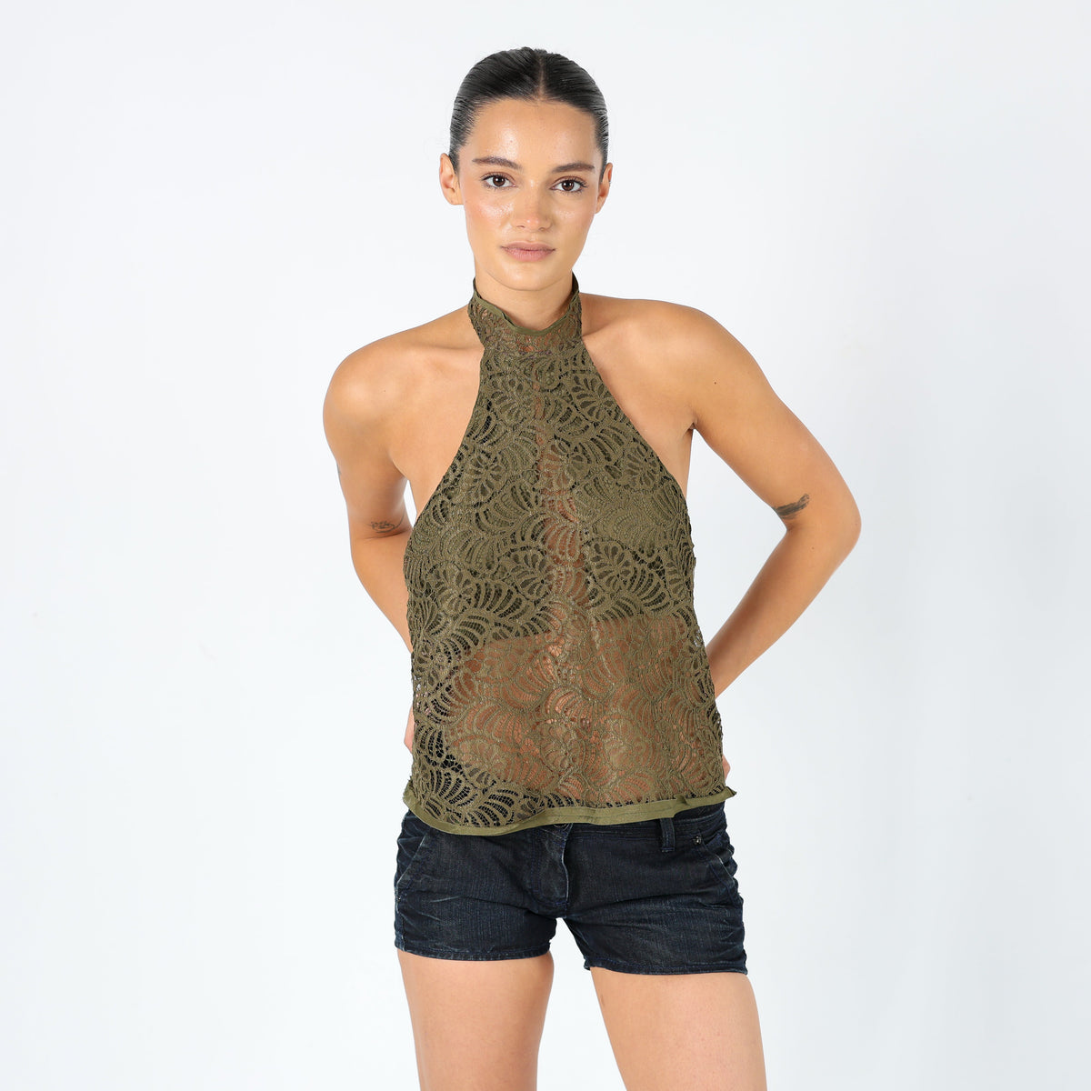 Khaki Green Y2K Agatha Cami Lace Halter Neck (10)
