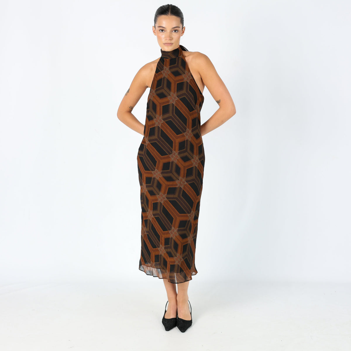 Brown Y2K More&More Denim Midi Dress Super Chic Halter (8)
