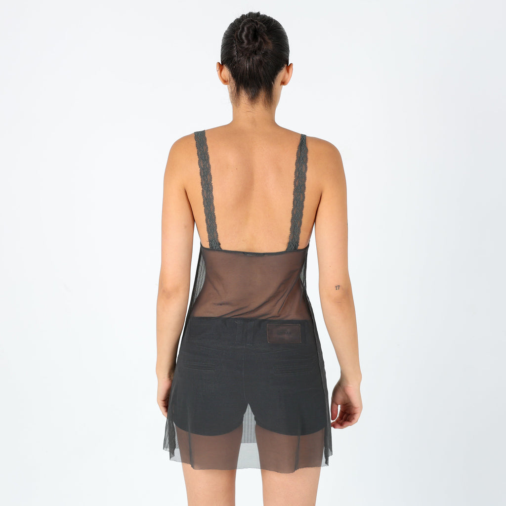 Charcoal Grey 90s Tezenis Mesh Midi Dress Sexy Sheer Lace Detail (8)