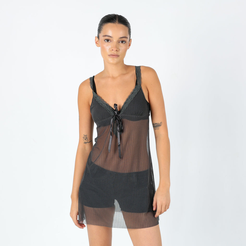 Charcoal Grey 90s Tezenis Mesh Midi Dress Sexy Sheer Lace Detail (8)