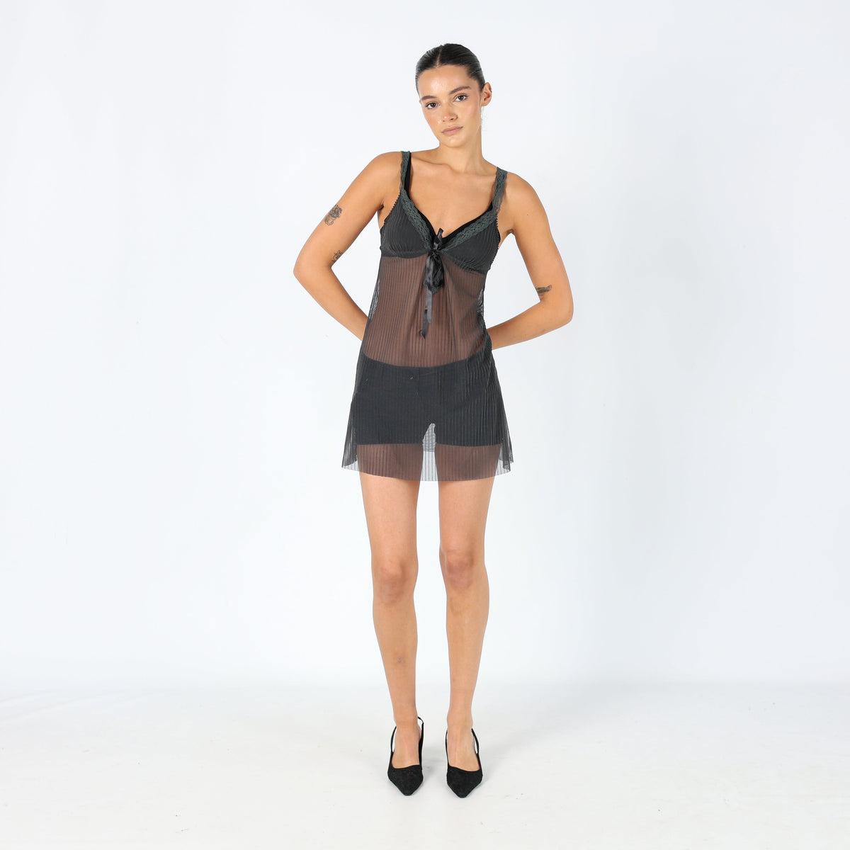 Charcoal Grey 90s Tezenis Mesh Midi Dress Sexy Sheer Lace Detail (8)