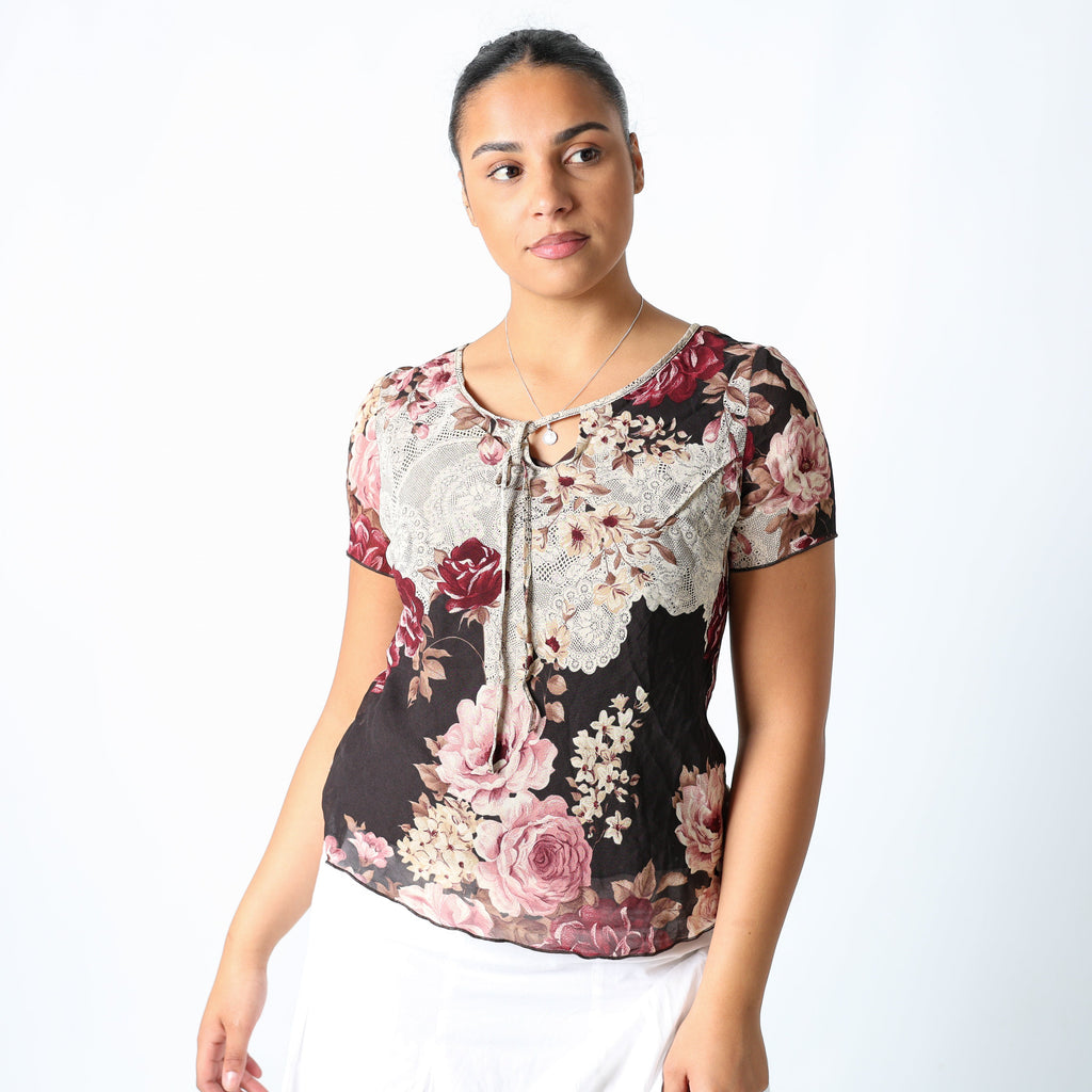 Brown 90s Berkertex Cami Floral Front Tie Sheer (14)