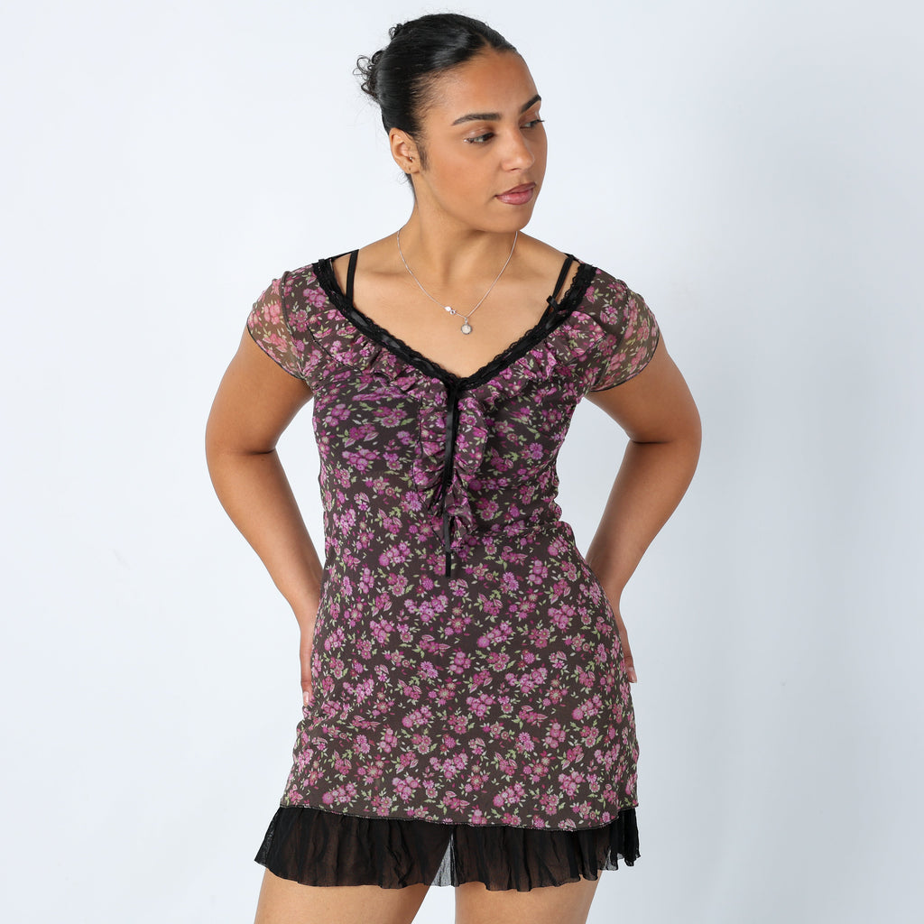 Brown Y2K Mesh Midi Dress Floral Pretty Lace Trim (10)