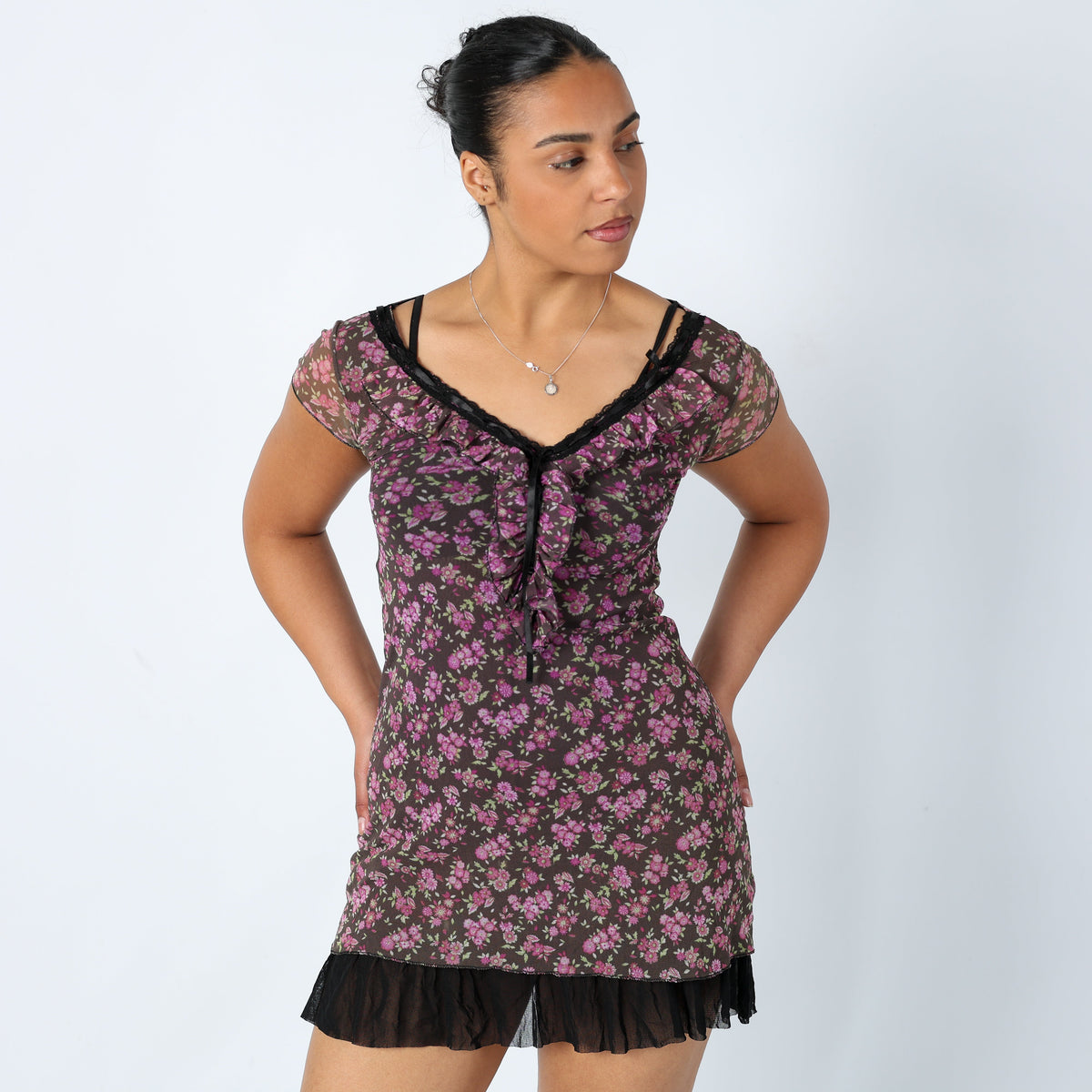 Brown Y2K Mesh Midi Dress Floral Pretty Lace Trim (10)