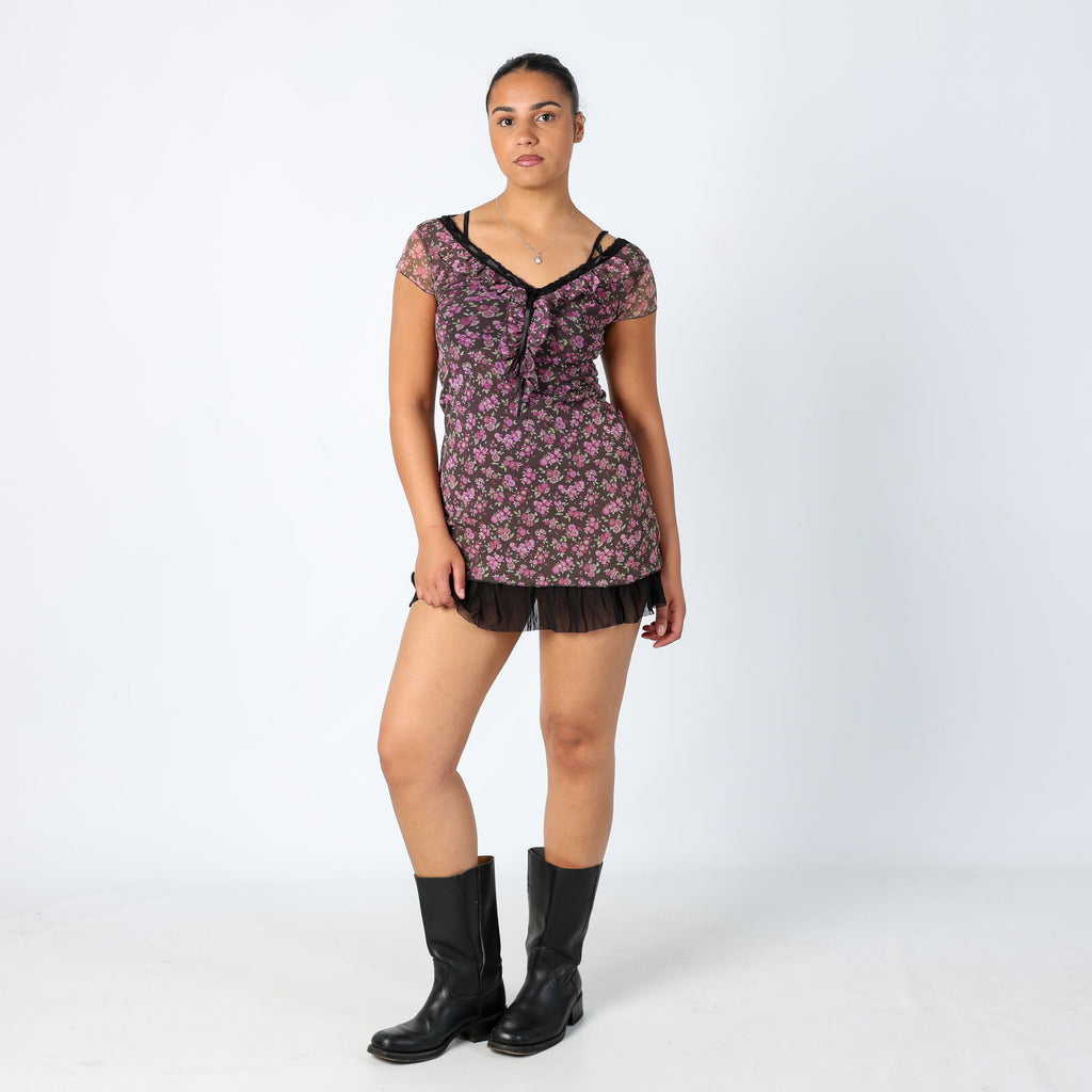 Brown Y2K Mesh Midi Dress Floral Pretty Lace Trim (10)