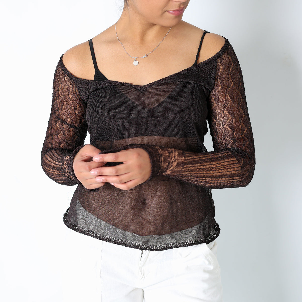 Brown 90s Miss Sixty Cami Sheer Strappy Off Shoulder (S)