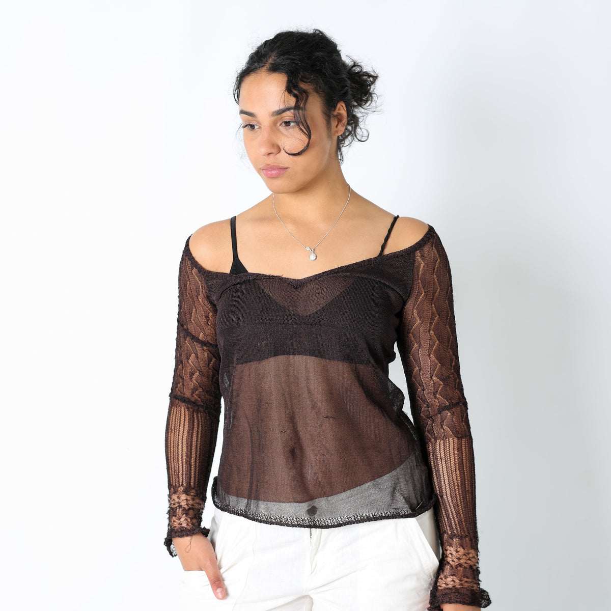 Brown 90s Miss Sixty Cami Sheer Strappy Off Shoulder (S)
