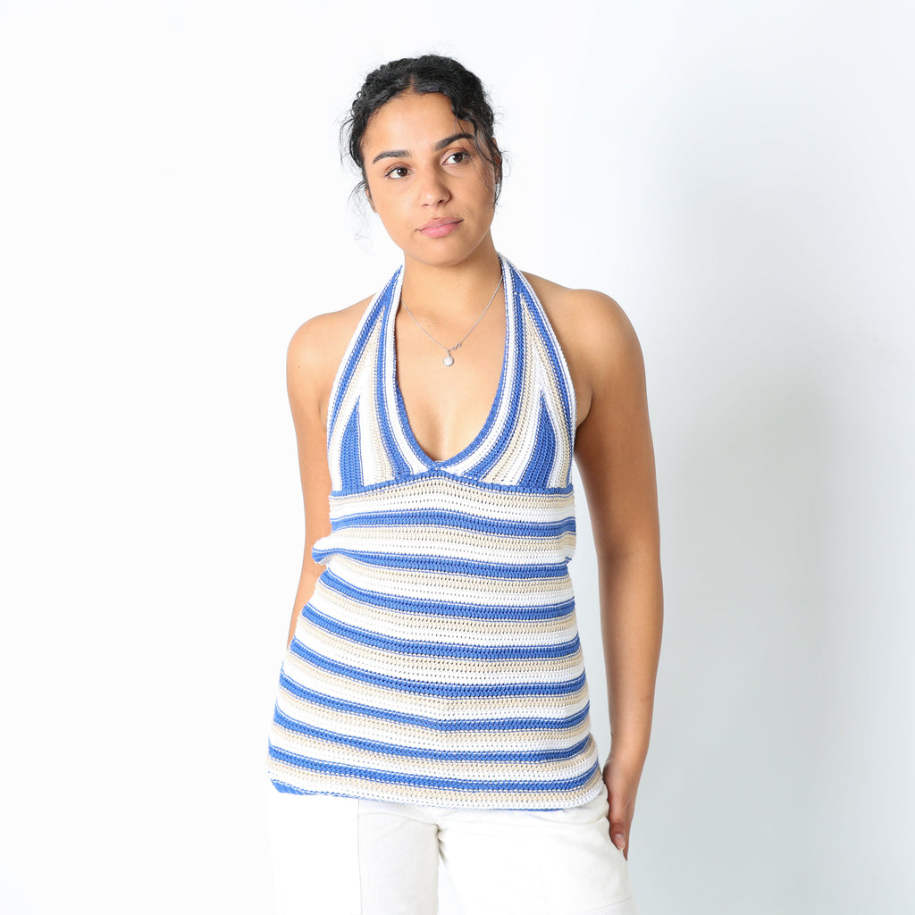 Blue 90s Woven Mini Dress Striped Crochet Halter Neck (M)