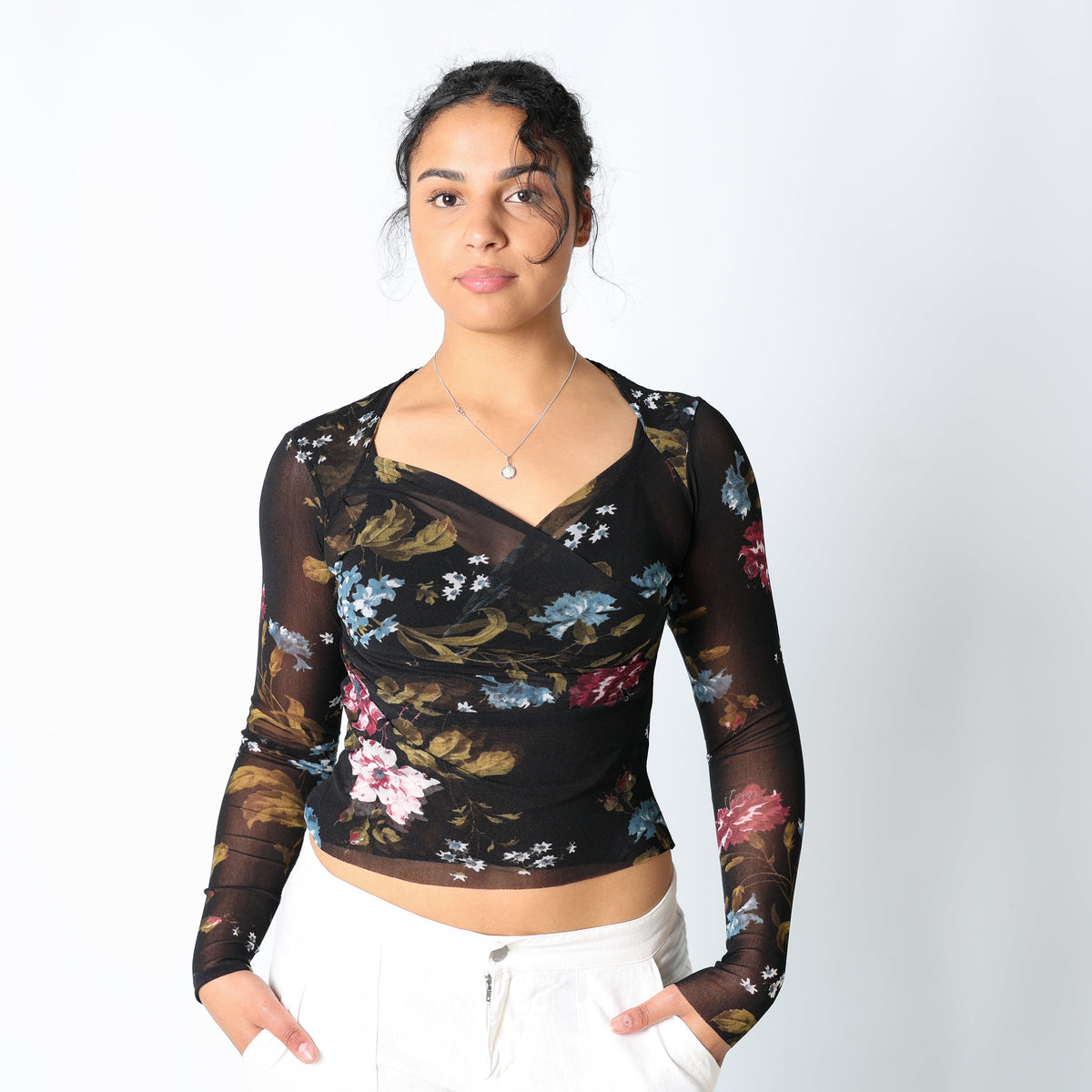 Black 90s Cami Floral Ribbed Back (L)