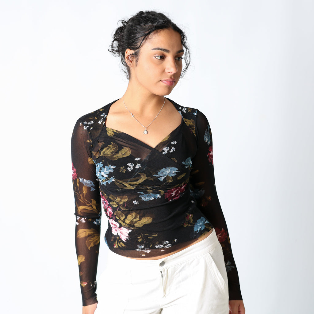 Black 90s Cami Floral Ribbed Back (L)