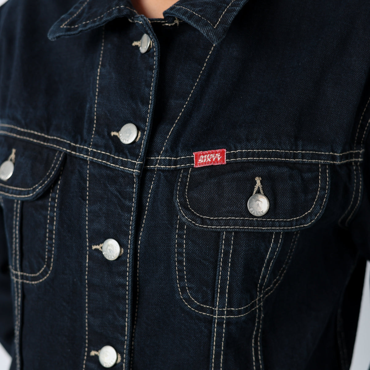 Navy Blue 90s Miss Sixty Denim Jacket Contrast Stitch (M)